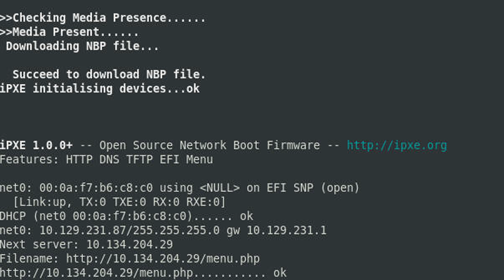 image:Screen shot showing the progress of the PXE boot.