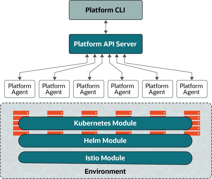 This figure shows how the Istio module is deployed to the nodes in the Kubernetes cluster. The Istio module requires the Helm module.