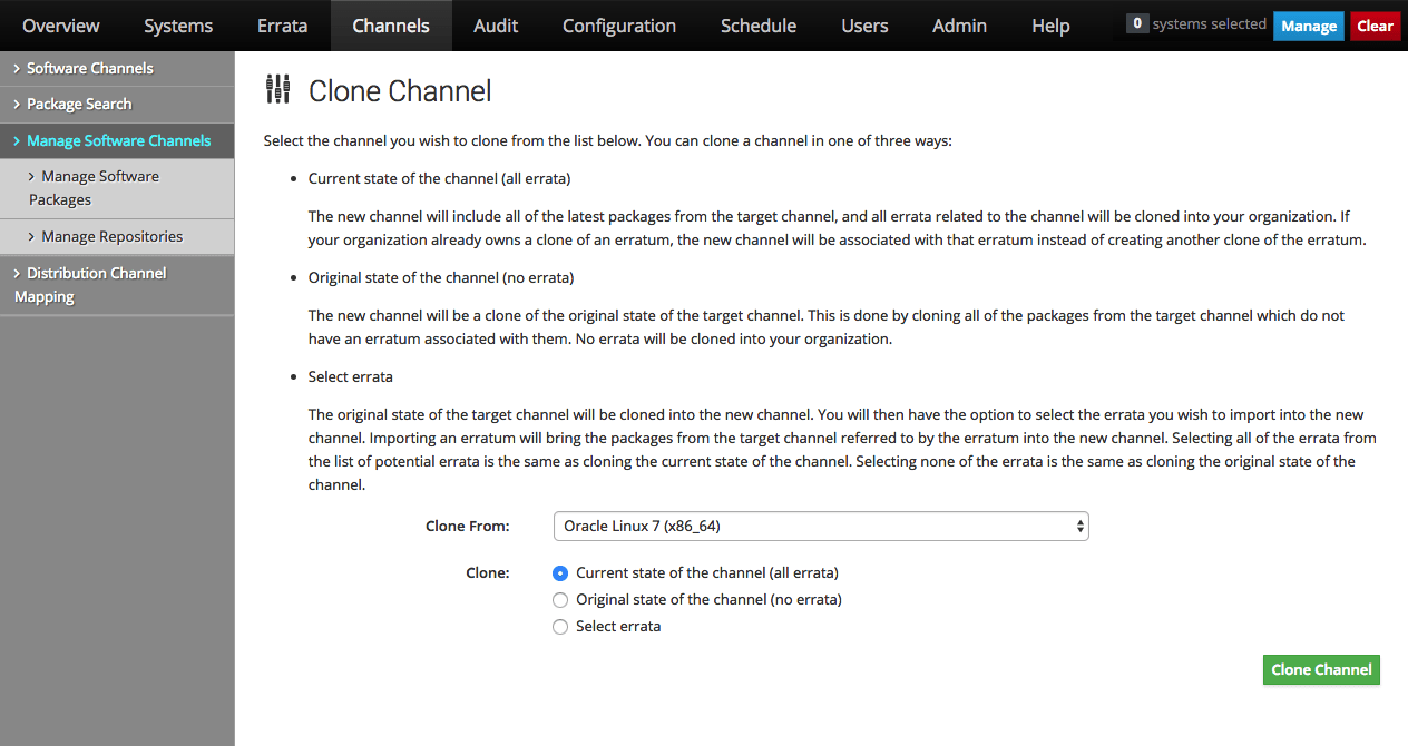 The image shows the Clone Channel page of the Oracle Linux Manager web interface.