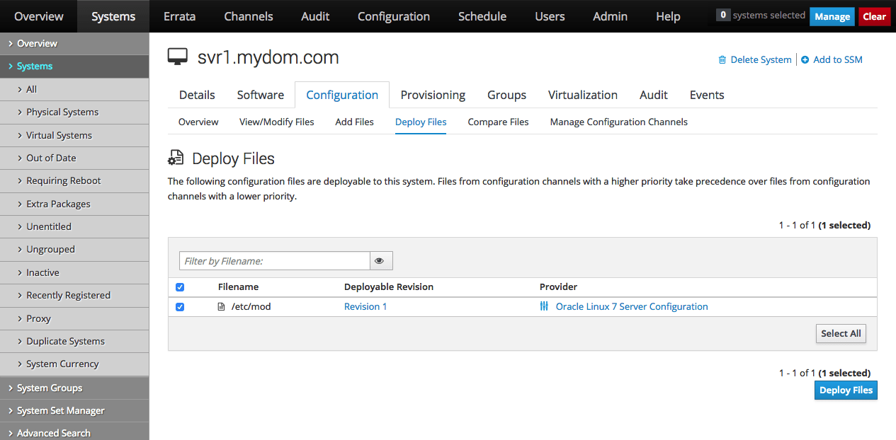 The image shows the Deploy Files page of the Oracle Linux Manager web interface.