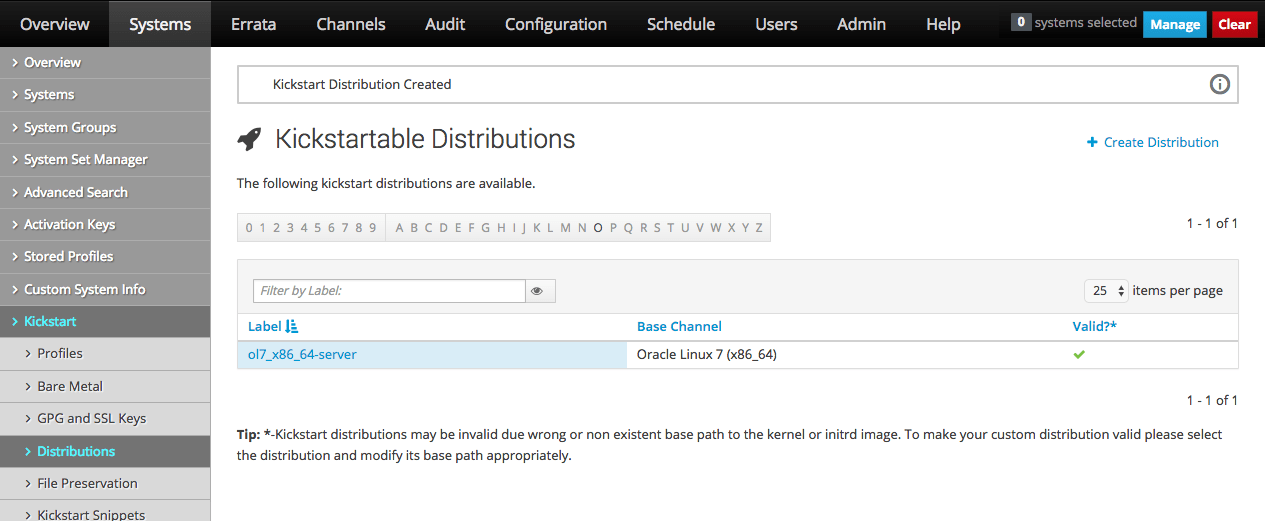 The image shows the Kickstartable Distributions page of the Oracle Linux Manager web interface.