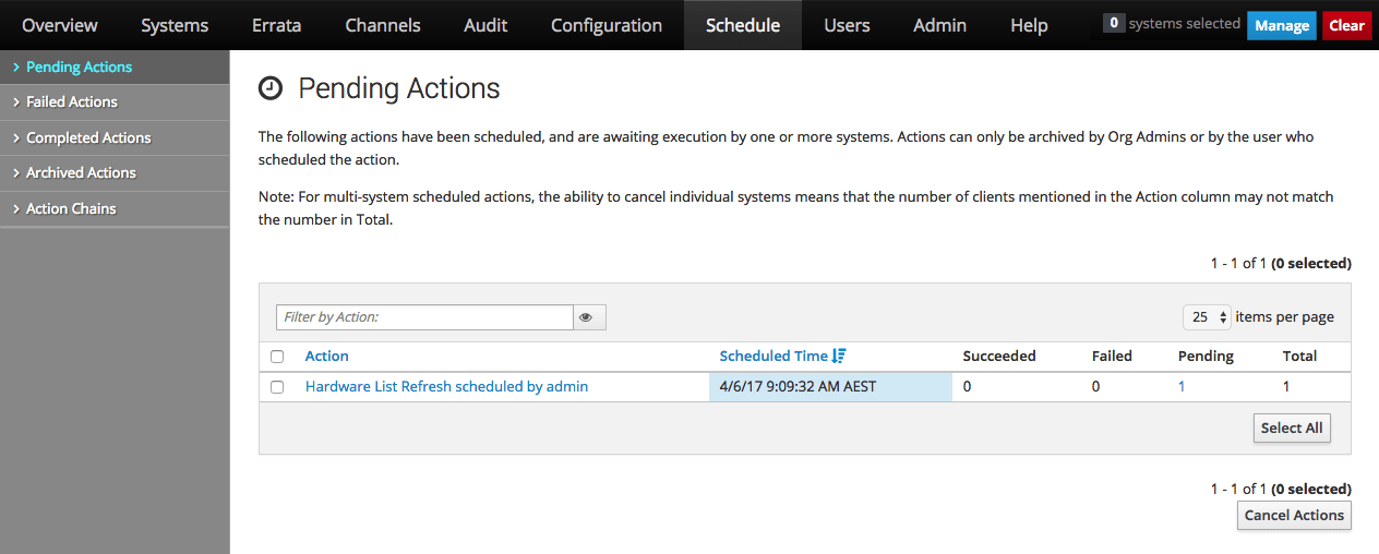 The image shows the Pending Actions page of the Oracle Linux Manager web interface.