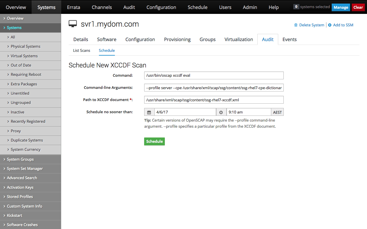 The image shows the Schedule New XCCDF Scan page of the Oracle Linux Manager web interface.