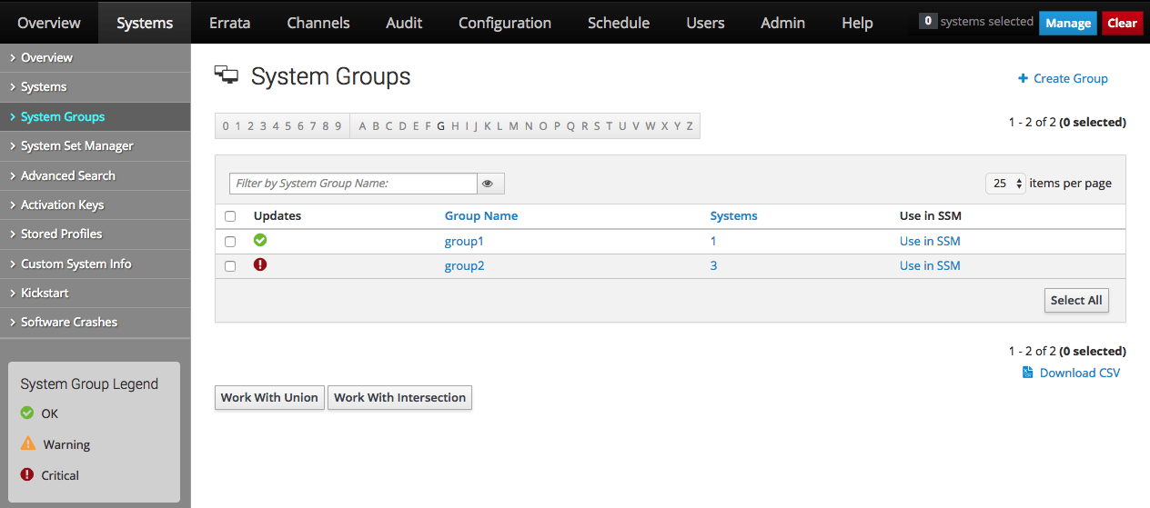 The image shows the System Groups page of the Oracle Linux Manager web interface.