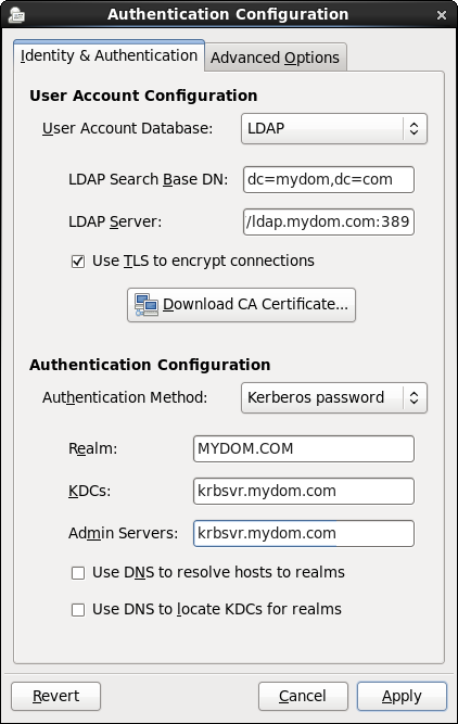 The figure shows the Authentication Configuration GUI with LDAP selected as the user account database and Kerberos selected for authentication.