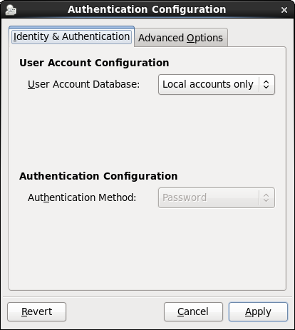 The figure shows the Authentication Configuration GUI with Local accounts only selected.
