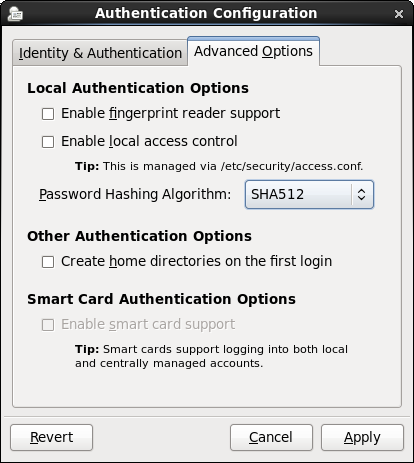 The figure shows the Authentication Configuration GUI with the Advanced Options tab selected.