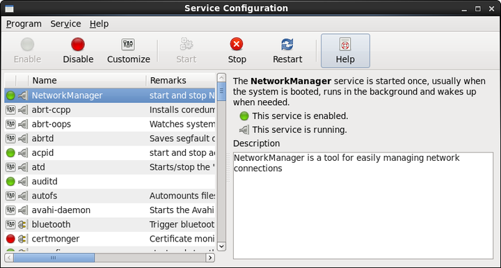 The figure shows the Service Configuration GUI with the NetworkManager service selected.