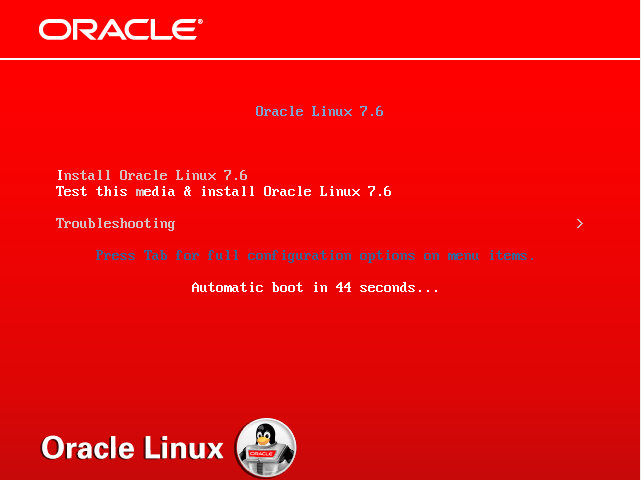 The image shows the Oracle Linux 7 boot menu, with options for installing Oracle Linux and troubleshooting.