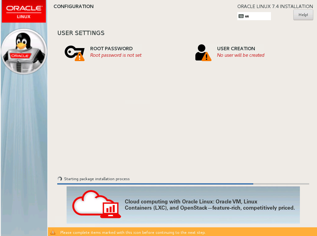 The image shows the options on the Configuration screen. The screen is arranged as a menu with large icons, with a Root Password option and a User Creation option.