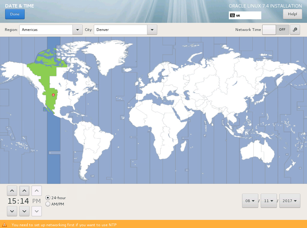 The image shows the options on the Date & Time screen. There is a menu bar with two drop-down lists on the left for selecting a region and city, and on the right an On/Off switch for enabling NTP and a Settings button. Below the menu bar is a map of the world divided into timezones, with the currently selected timezone highlighted. Below the map is another menu bar with are Up/Down buttons on the left for adjusting the time and options for selecting the time display format, and on the right there are three drop-down lists for selecting the month, day, and year.