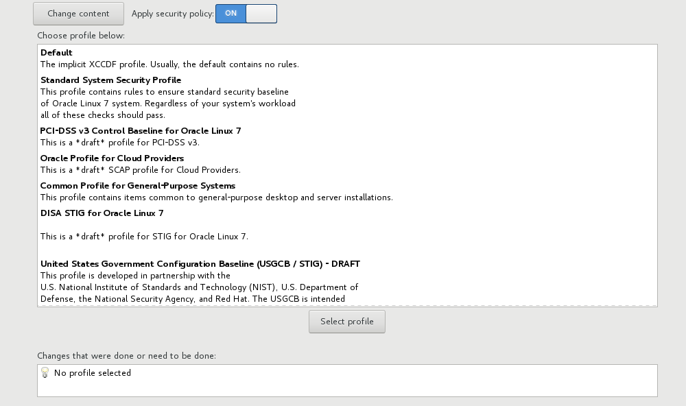 An image of the Security Policy screen, which lists the pre-defined security policies, or profiles, that are available, as well as the various settings and options that you can configure in this screen.