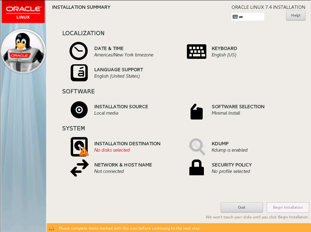 The image shows the options on the Installation Summary screen. The screen is arranged as a menu, with a list of options with large icons and text. The menu is divided into three areas: a Localization area at the top with options for Date & Time, Keyboard and Language Support; a Software area in the middle with options for Installation Source and Software Selection; and a System area at the bottom with options for Installation destination, Kdump, and Network & Hostname.