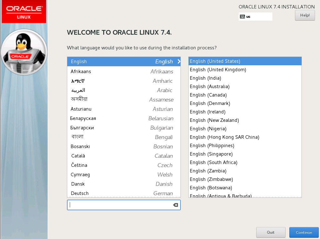 The image shows the options on Welcome Screen with a list of languages on the left and a list of locales on the right. Below the list of languages is a search box for searching for a language.