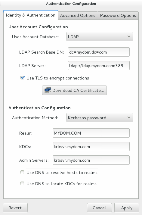 The figure shows the Authentication Configuration GUI with LDAP selected as the user account database and Kerberos selected for authentication.