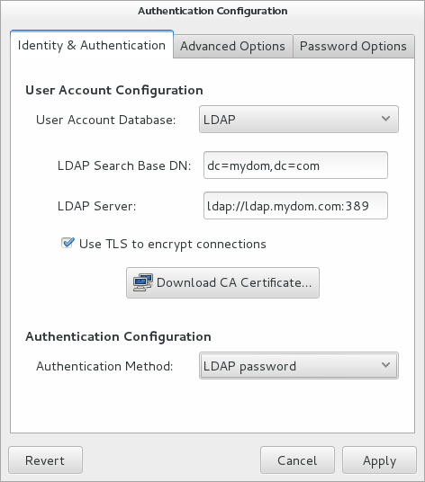 The figure shows the Authentication Configuration GUI with LDAP selected as the user account database and for authentication.