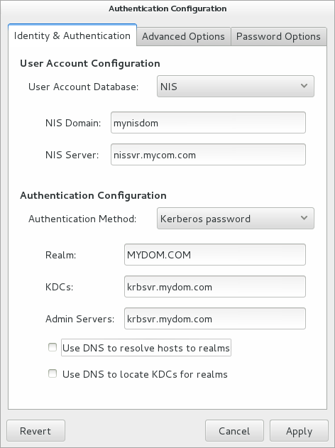 The figure shows the Authentication Configuration GUI with NIS selected as the user account database and Kerberos selected for authentication.