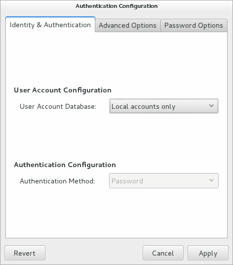 The figure shows the Authentication Configuration GUI with Local accounts only selected.