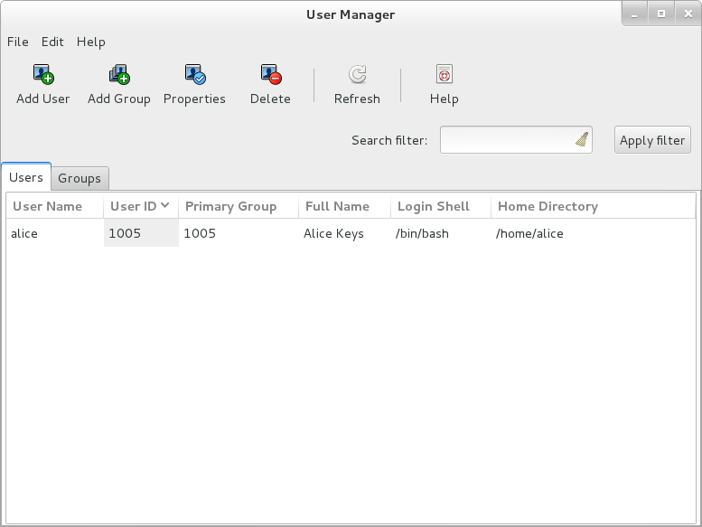 The figure shows the User Manager GUI with the Users tab selected.