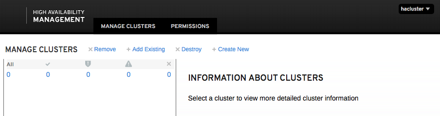The image partially shows the Manage Clusters page where an administrator can remove, add existing clusters, destroy clusters, or create new ones. Clusters that are created and managed by the web UI would be listed on the page, and corresponding information about a selected cluster would also be displayed, such as its nodes, and so on.