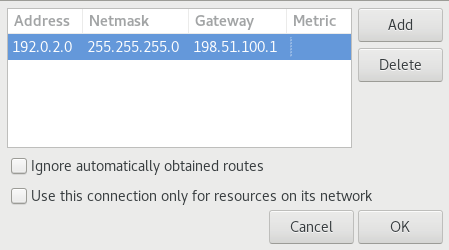 The image shows the NetworkManager Connection Editor window where you can configure static routes for an IPv4 network.