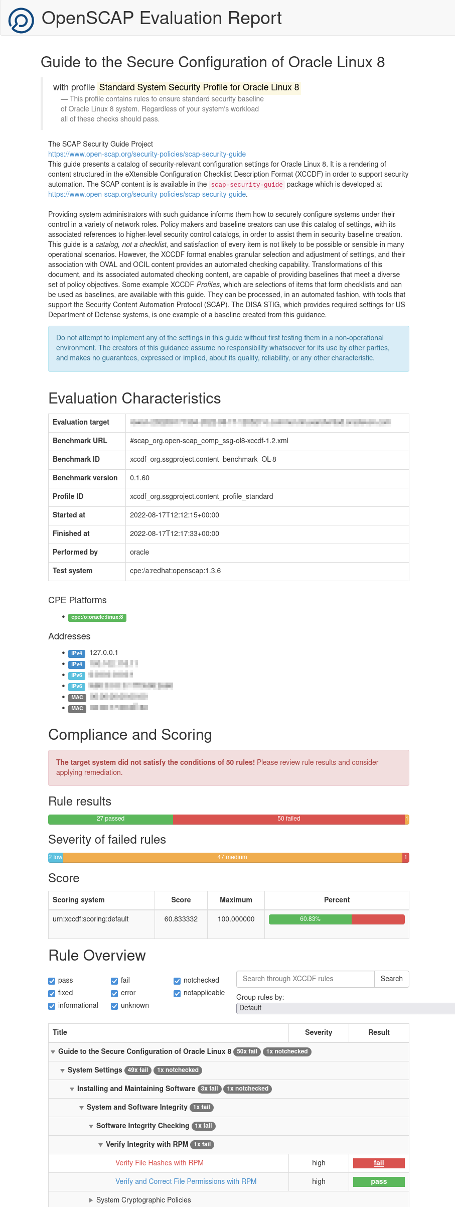 The image shows a partial view of the HTML version of a scan report generated by oscap. The top of the report contains the title and the report description. A summary information is provided based on evaluation characteristics, overall score with regards to compliance, and the severity of any reported failed flags. The rest of the report contains more detailed information about each scan action.