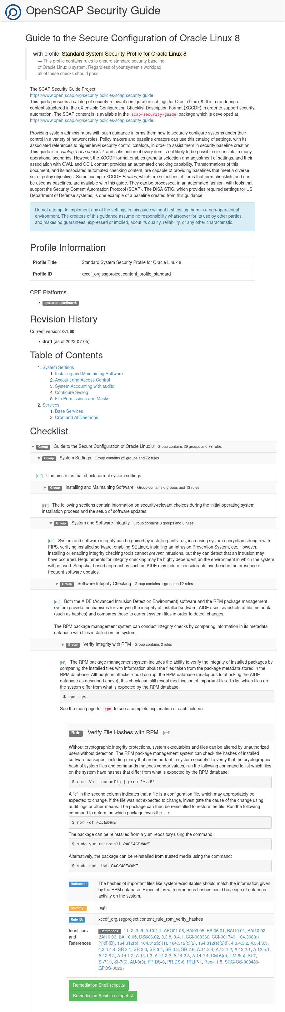 The image shows a partial view of the HTML version of a security guide generated by the oscap command. The top of the report contains the guide's title and description. The table of contents is listed, followed by the checklist that is used for generating the guide.