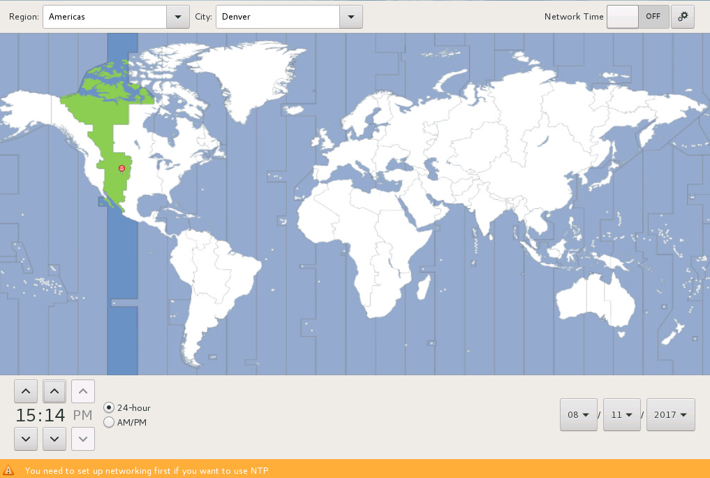 The image shows the Date & Time screen, which at the top contains two drop-down lists for selecting a region and city, an On/Off switch for enabling NTP, and a Settings button. Below these items is a world map divided by time zone. Below the map are time and date editors for setting time and selecting time display format as well as setting the date.