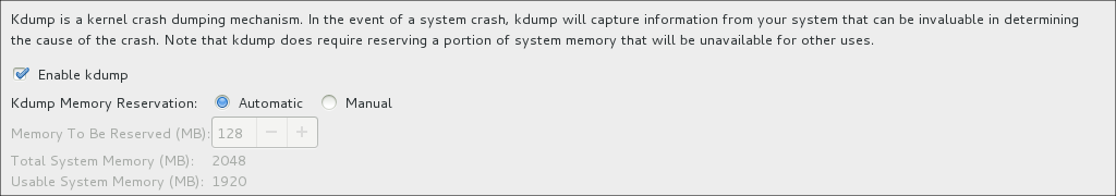 The image shows the options on the Kdump screen. At the top is a check box that you can select to enable Kdump, followed by options to configure the amount of memory to reserve for Kdump.