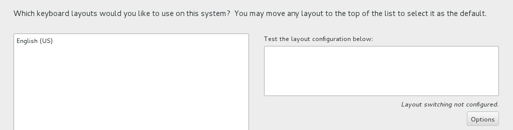 The partial image shows the options on the Keyboard Layout screen. The left pane is an area that contains the default keyboard layout, English (US). Control buttons at the bottom of the pane enable you to add and remove keyboard layouts as well as rearrange their order on the list. To the right of the pane is a text box for testing the keyboard layouts. Below this text box is an Options button for configuring layout switching.
