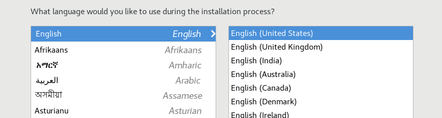 The partial image shows the Welcome Screen with options for languages and locales. The left pane lists languages while the right pane lists locales. At the bottom of the left pane is a language search box.