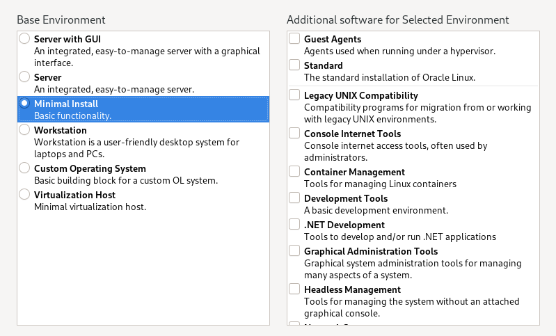 The image partially shows the options on the Software Selection screen. A pane on the left side contains a list of base environments, while a pane on the right side contains a list of add-ons for the selected base environment. Each base environment has a corresponding radio button, while each add-on has its own check box.