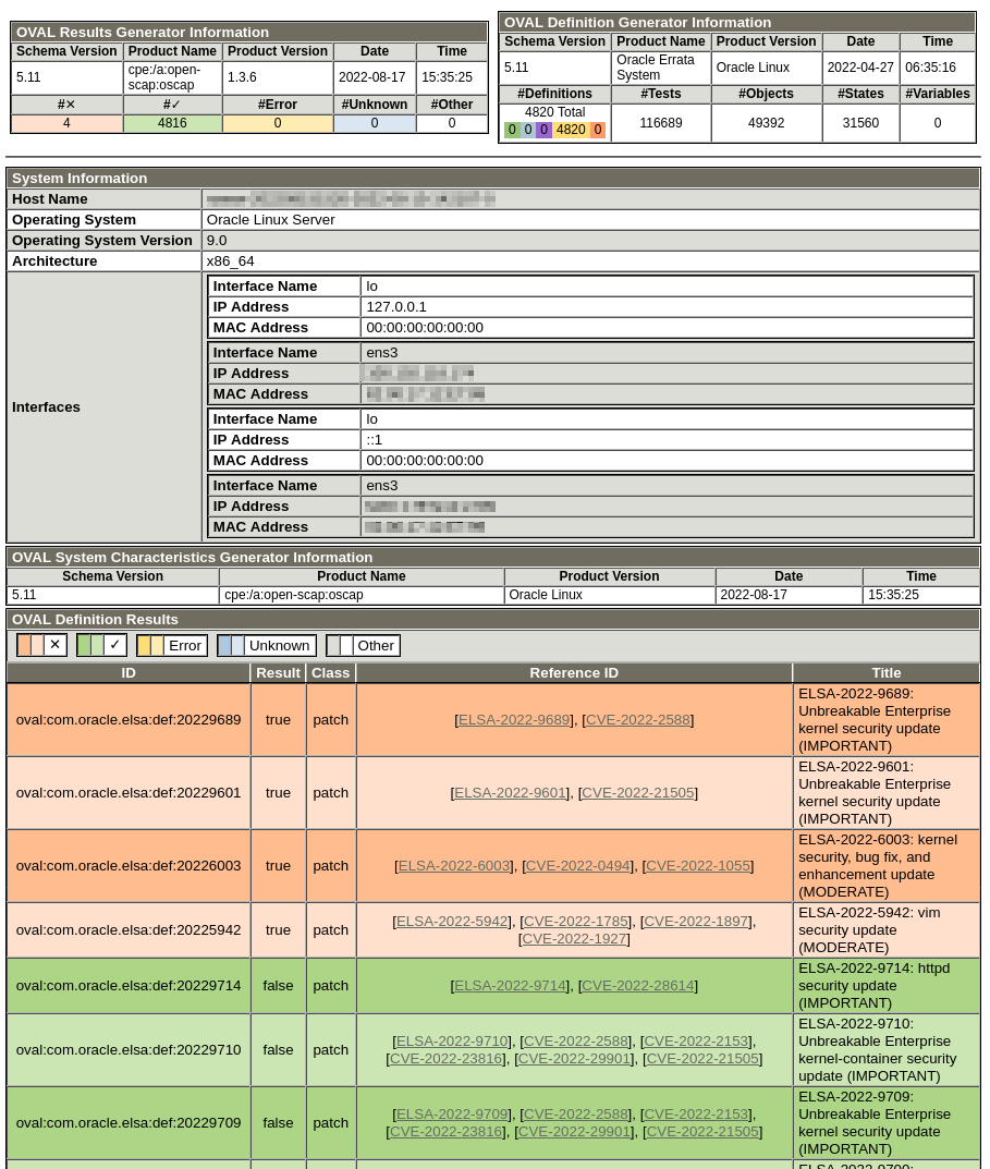 The image shows a partial view of the HTML version of an OVAL report generated by oscap. The top of the report contains general information about the scan report, as well as information about the definition generator. The information is presented in tabular format. The rest of the report shows detailed information (also in tabular format) about the system, as a result of the scan.