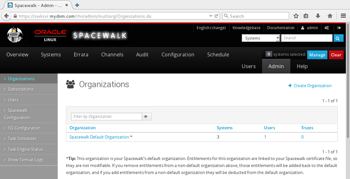 The image shows the Organizations page of the Spacewalk web interface.