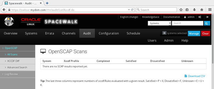 The image shows the OpenSCAP Scans page of the Spacewalk web interface.