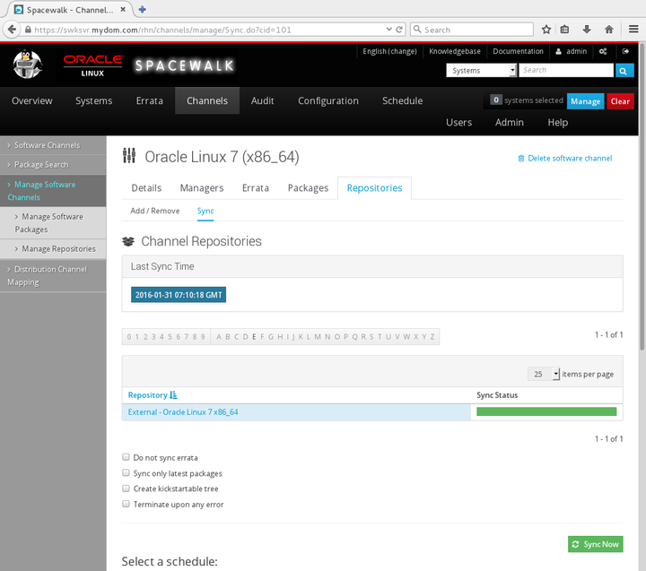 The image shows the Channel Repositories page of the Spacewalk web interface.