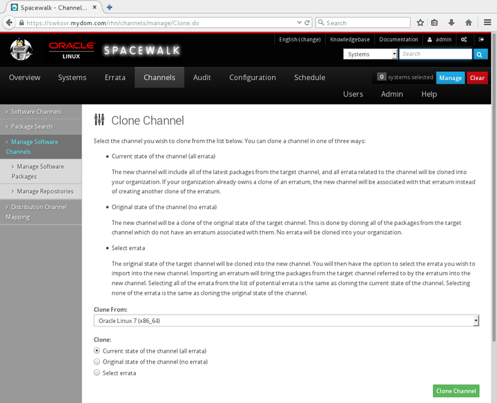 The image shows the Clone Channel page of the Spacewalk web interface.