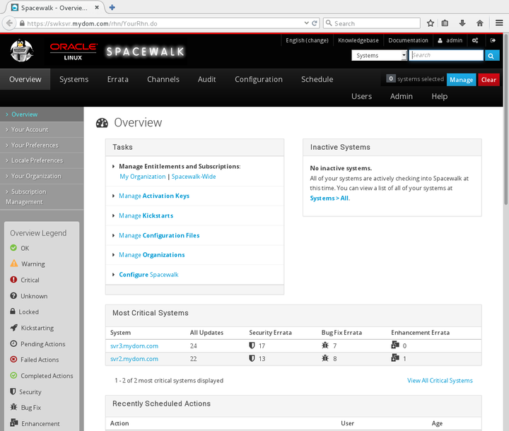 The image shows the Overview page or dashboard view of the Spacewalk web interface.