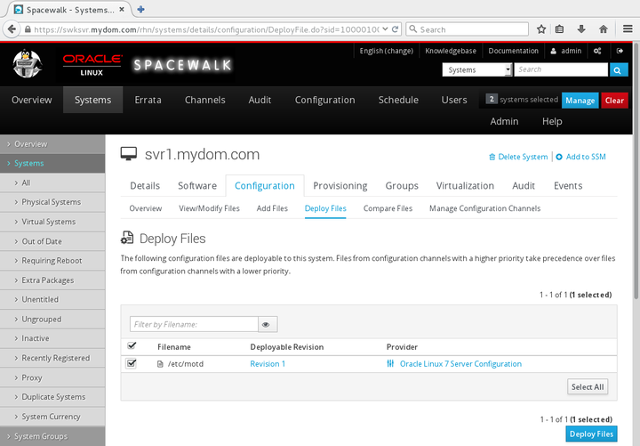 The image shows the Deploy Files page of the Spacewalk web interface.