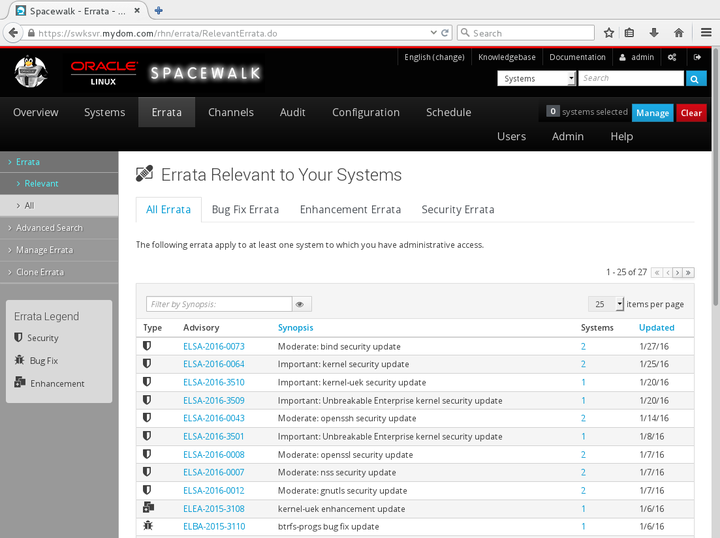 The image shows the Errata Relevant to Your Systems page of the Spacewalk web interface.
