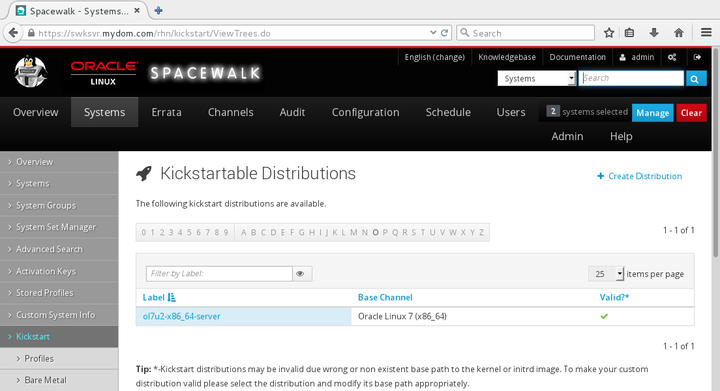 The image shows the Kickstartable Distributions page of the Spacewalk web interface.