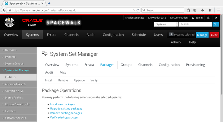 The image shows the Package Operations page of the Spacewalk web interface.