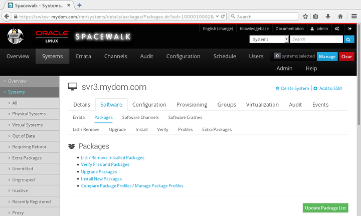 The image shows the Packages page of the Spacewalk web interface.