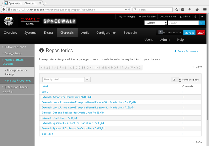 The image shows the Repositories page of the Spacewalk web interface.