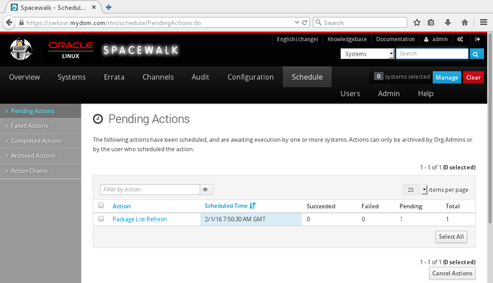 The image shows the Pending Actions page of the Spacewalk web interface.