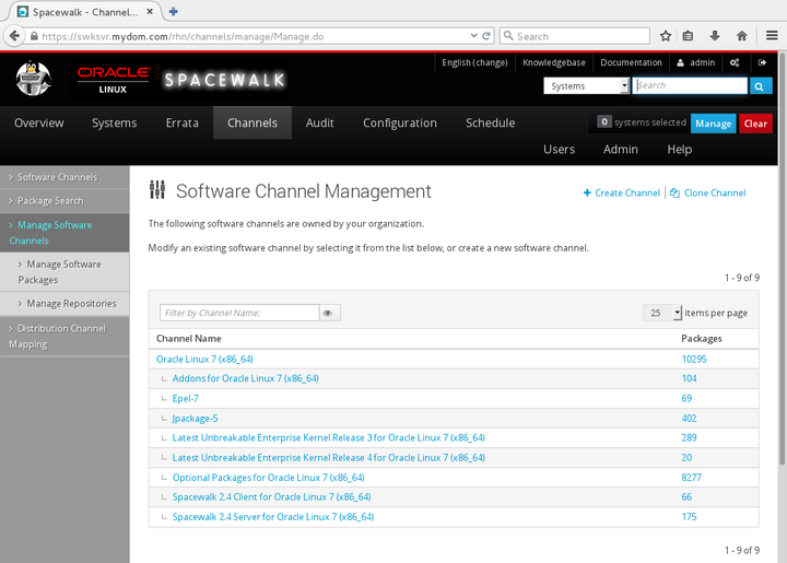 The image shows the Software Channel Management page of the Spacewalk web interface.