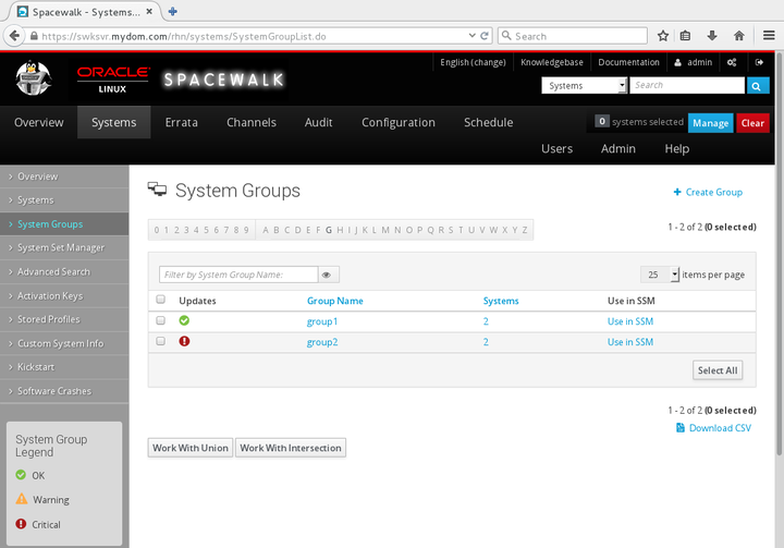 The image shows the System Groups page of the Spacewalk web interface.