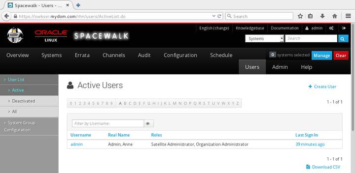 The image shows the Active Users page of the Spacewalk web interface.