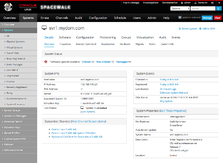 The image shows the System Status page of the Spacewalk web interface.