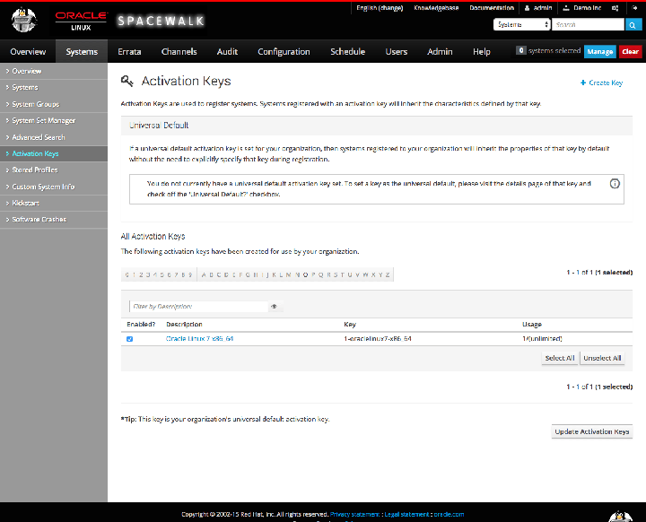 The image shows the Activation Keys page of the Spacewalk web interface.